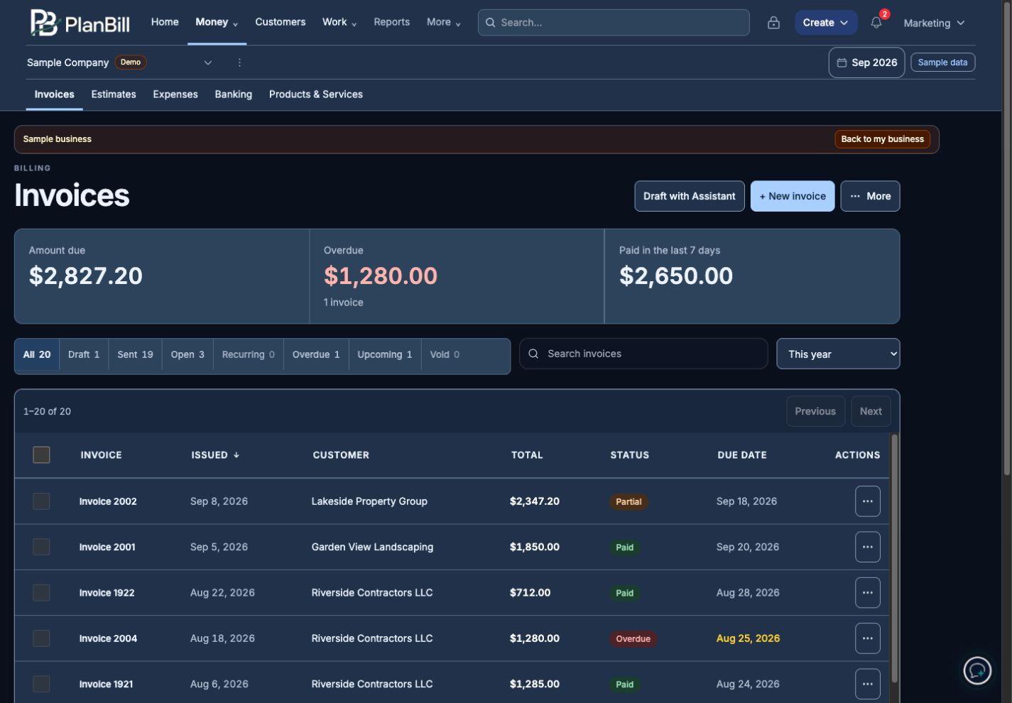 Invoices under the Money tab, with amounts due, status filters, and customer rows, dark mode