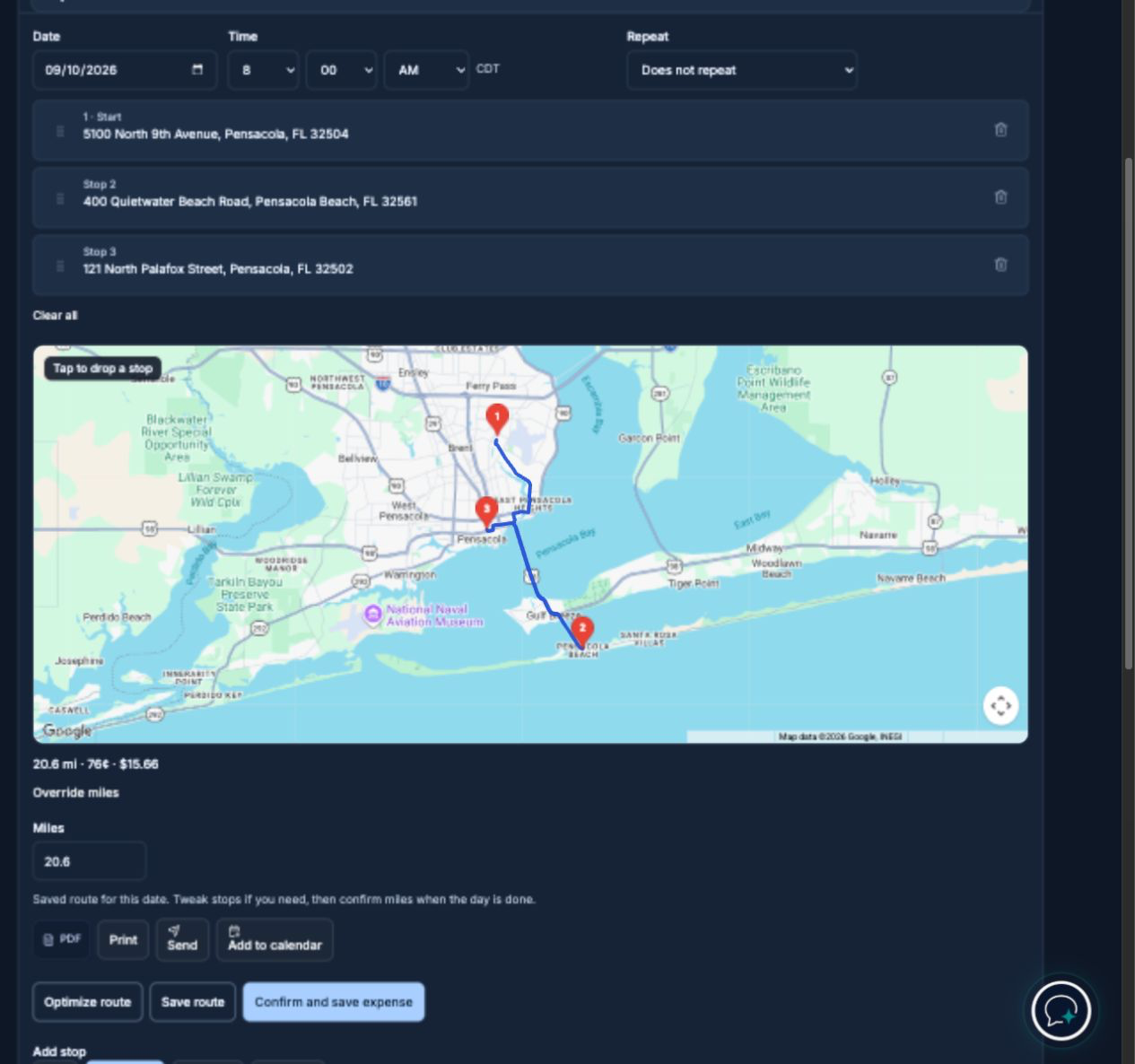 Routes with three Pensacola stops, a mapped route, mileage, and the calculated mileage expense, dark mode