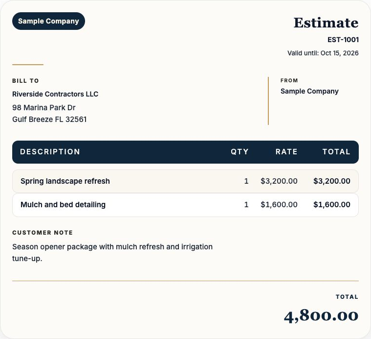 Estimate 1001 for Riverside Contractors LLC with landscape work, line items, and a $4,800 total